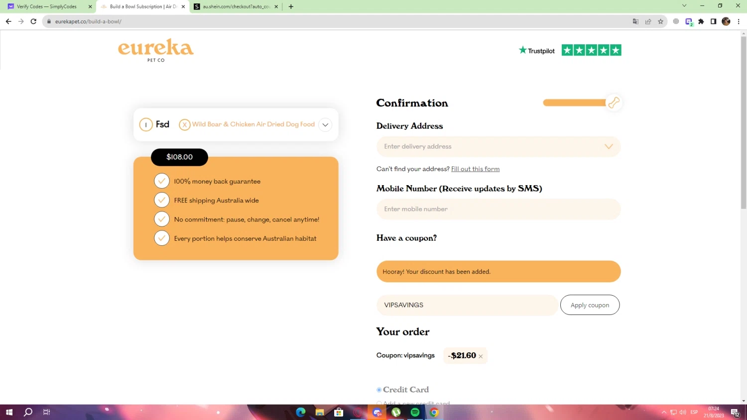 Eureka Pet Co checkout page showing Eureka Pet Co discount code box | Screenshot taken by SimplyCodes community member on Aug 21, 2023