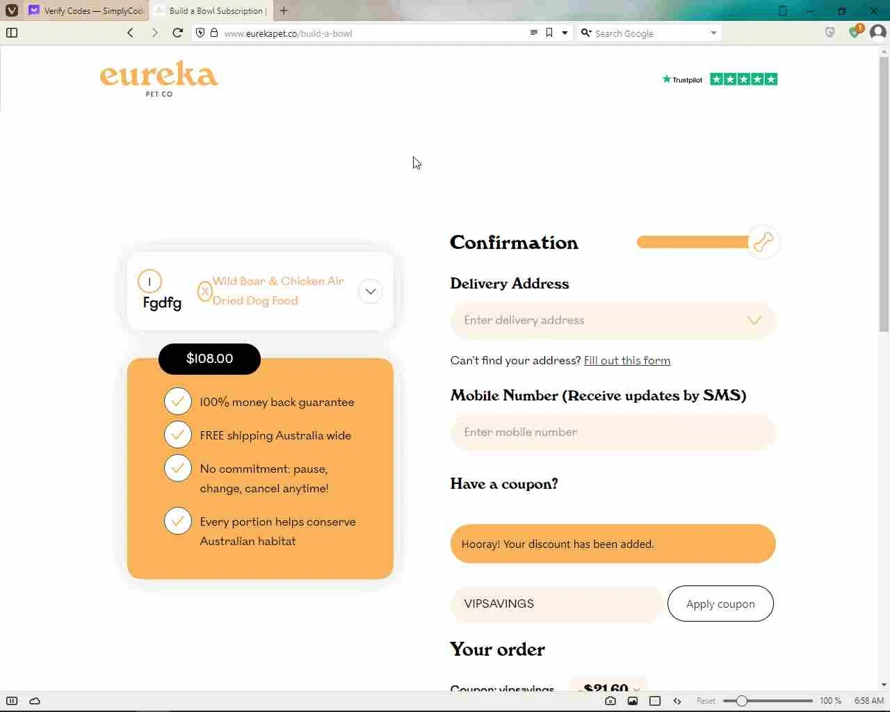 Eureka Pet Co checkout page showing Eureka Pet Co discount code box | Screenshot taken by SimplyCodes community member on Jul 23, 2023