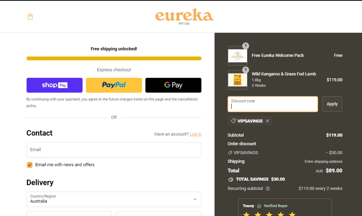 Eureka Pet Co checkout page showing Eureka Pet Co discount code box | Screenshot taken by SimplyCodes community member on Jan 31, 2024