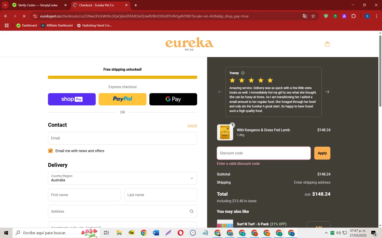 Eureka Pet Co discount code screenshot showing code VIPSAVINGS applied at Eureka Pet Co checkout page. Uploaded by SimplyCodes community member CleverOwl2485 on Mar 27, 2025