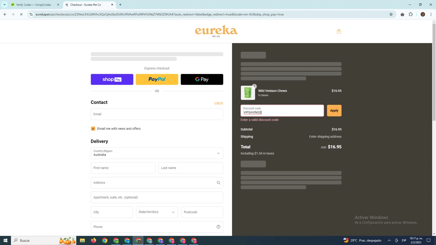 Eureka Pet Co discount code screenshot showing code VIPSAVINGS applied at Eureka Pet Co checkout page. Uploaded by SimplyCodes community member PrimeGenius2371 on Feb 3, 2025