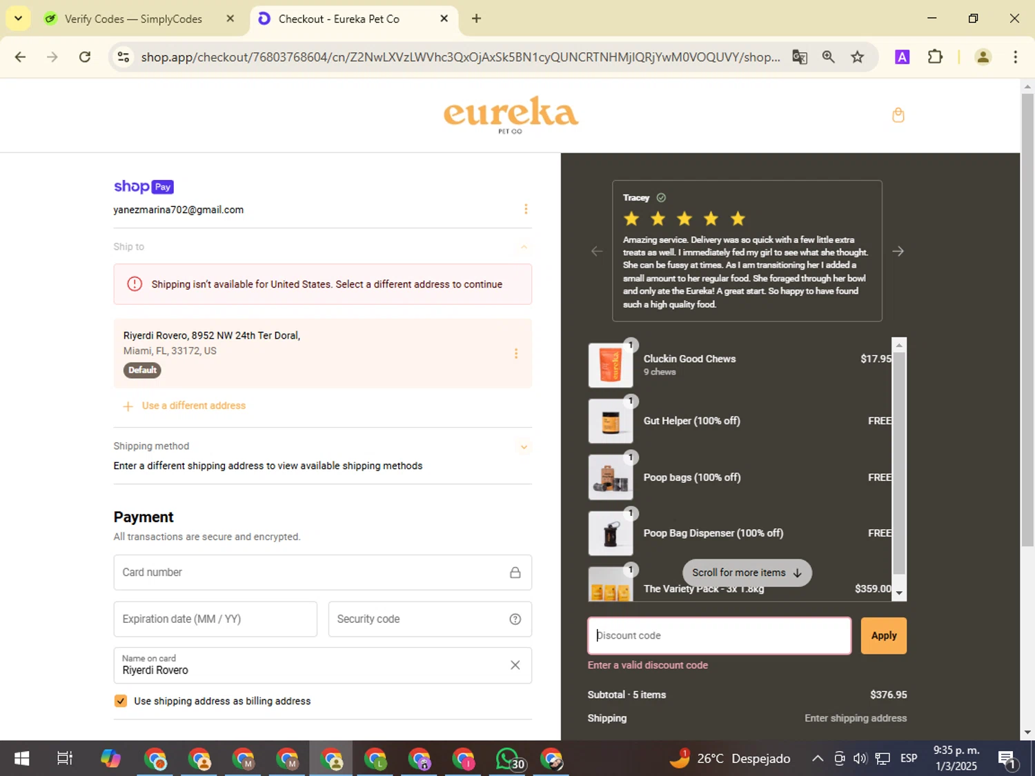 Eureka Pet Co discount code screenshot showing code VIPSAVINGS applied at Eureka Pet Co checkout page. Uploaded by SimplyCodes community member NobleMonarch1787 on Mar 2, 2025