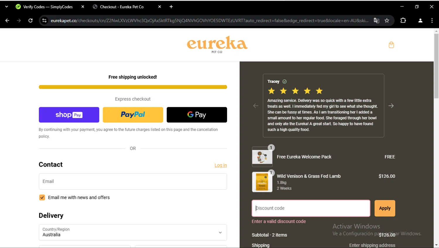 Eureka Pet Co discount code screenshot showing code SAVENOW10 applied at Eureka Pet Co checkout page. Uploaded by SimplyCodes community member aleixmase on Feb 10, 2025