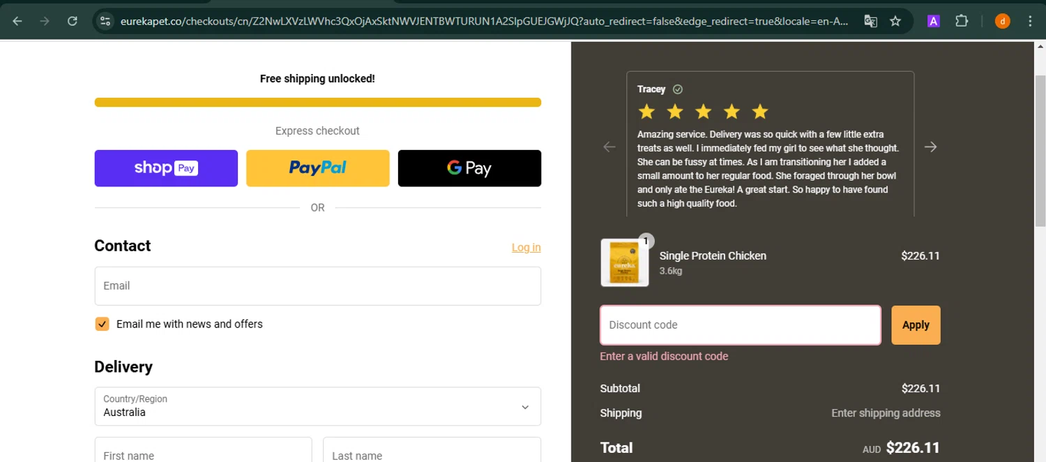 Eureka Pet Co discount code screenshot showing code PETDAY30 applied at Eureka Pet Co checkout page. Uploaded by SimplyCodes community member PennyAdmiral6960 on Feb 9, 2025
