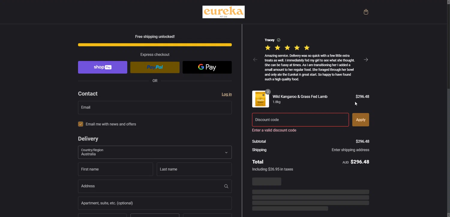 Eureka Pet Co discount code screenshot showing code JERSEYCO40OFF applied at Eureka Pet Co checkout page. Uploaded by SimplyCodes community member Ryukyu on Feb 1, 2025
