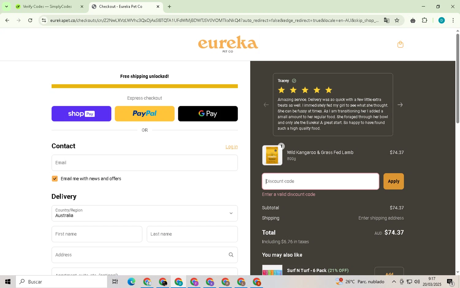 Eureka Pet Co discount code screenshot showing code JERSEYCO40OFF applied at Eureka Pet Co checkout page. Uploaded by SimplyCodes community member BonusPilot3825 on Mar 20, 2025