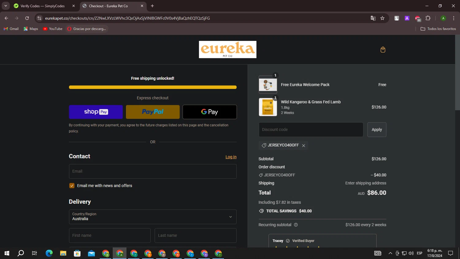 Eureka Pet Co checkout page showing Eureka Pet Co discount code box | Screenshot taken by SimplyCodes community member on Aug 17, 2024