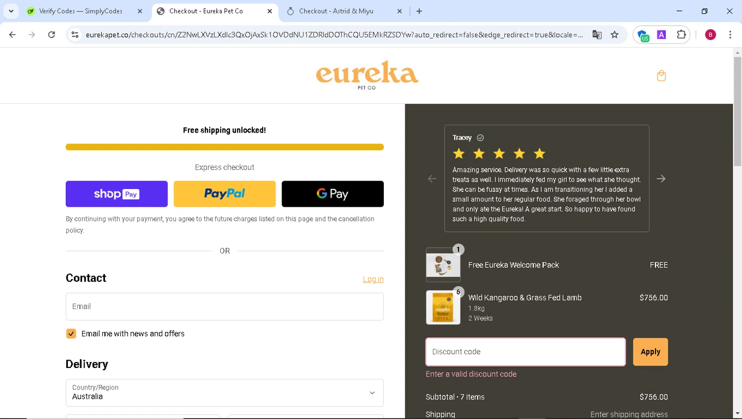 Eureka Pet Co discount code screenshot showing code JERSEYCO40OFF applied at Eureka Pet Co checkout page. Uploaded by SimplyCodes community member VictoriousSentinel9543 on Feb 22, 2025