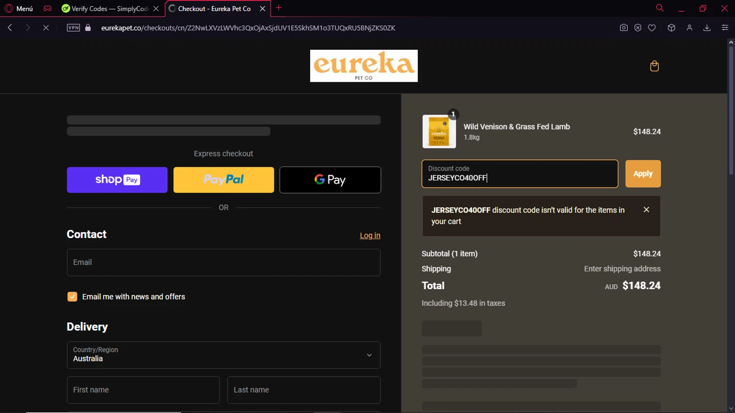 Eureka Pet Co checkout page showing Eureka Pet Co discount code box | Screenshot taken by SimplyCodes community member on Sep 15, 2024