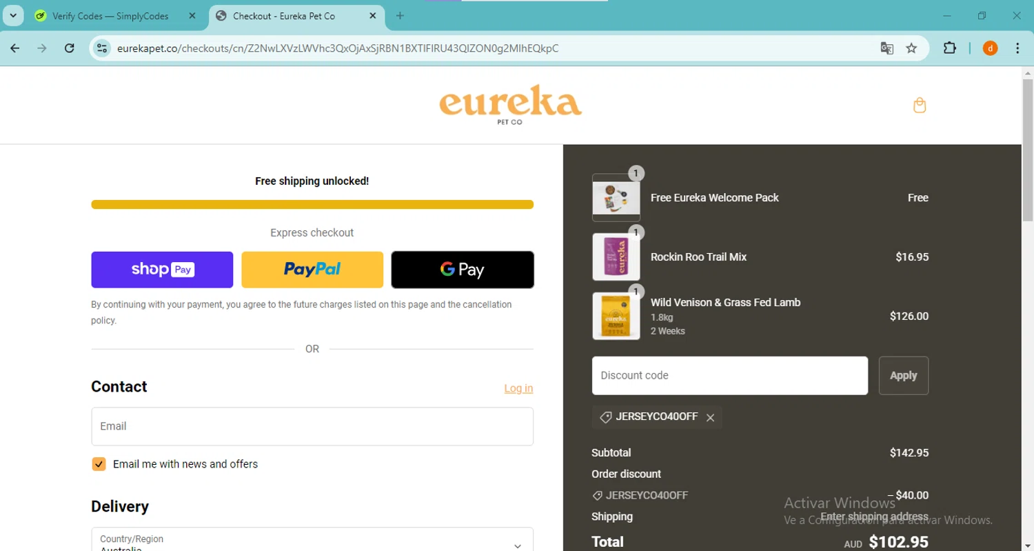 Eureka Pet Co checkout page showing Eureka Pet Co discount code box | Screenshot taken by SimplyCodes community member on Aug 2, 2024