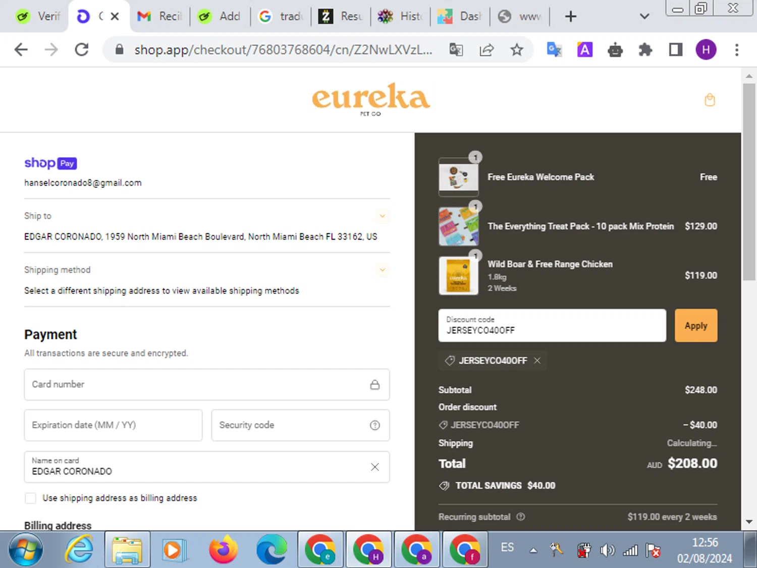 Eureka Pet Co checkout page showing Eureka Pet Co discount code box | Screenshot taken by SimplyCodes community member on Aug 2, 2024