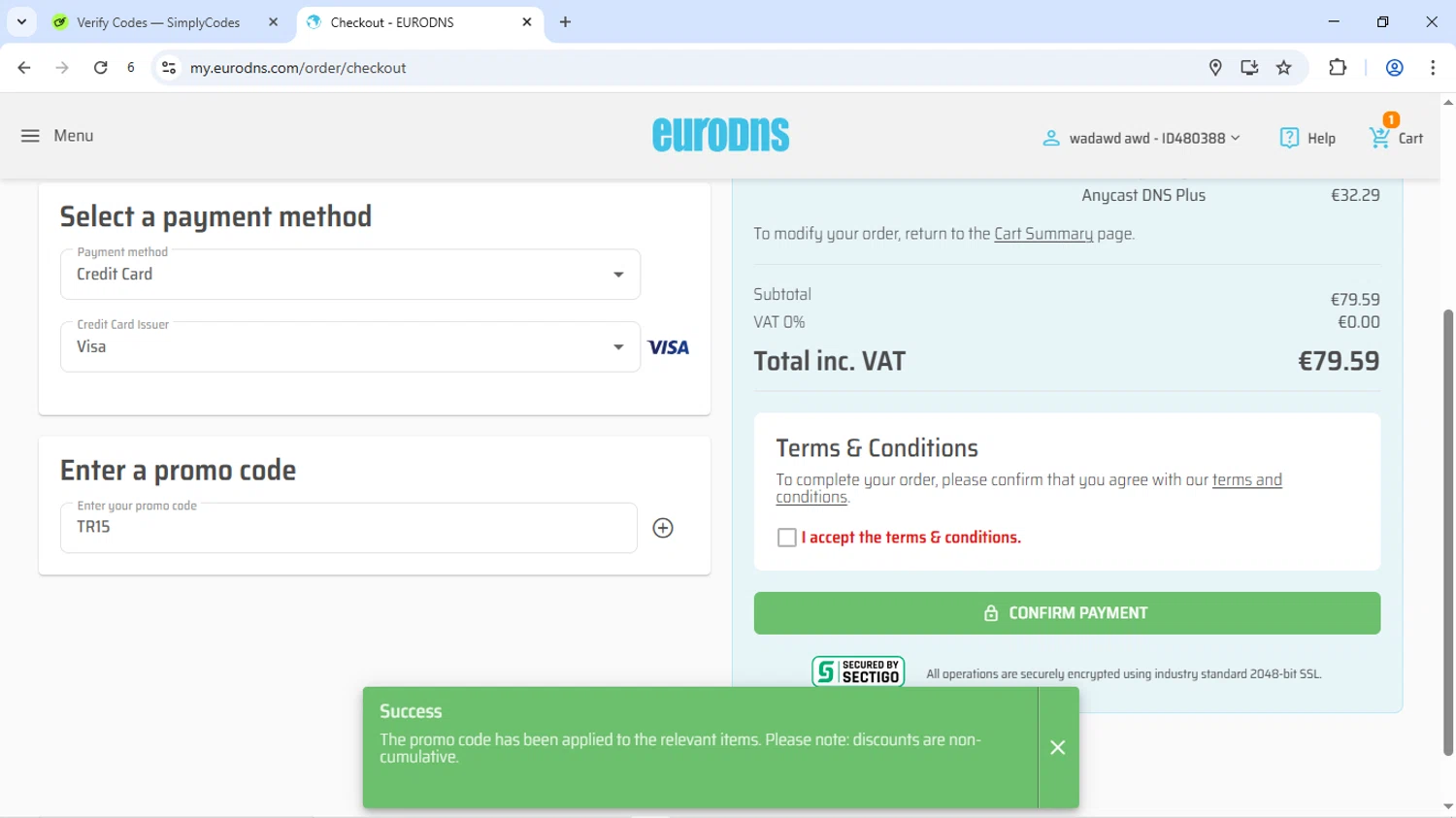EuroDNS promo code screenshot showing code TR15 applied at EuroDNS checkout page. Uploaded by SimplyCodes community member Livingston on Sep 13, 2025