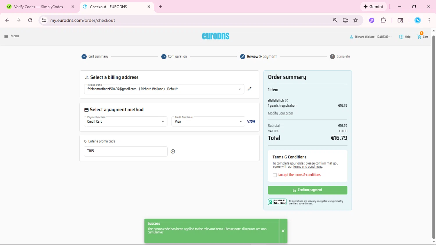 EuroDNS checkout page showing EuroDNS promo code box | Screenshot taken by SimplyCodes community member on Feb 1, 2026