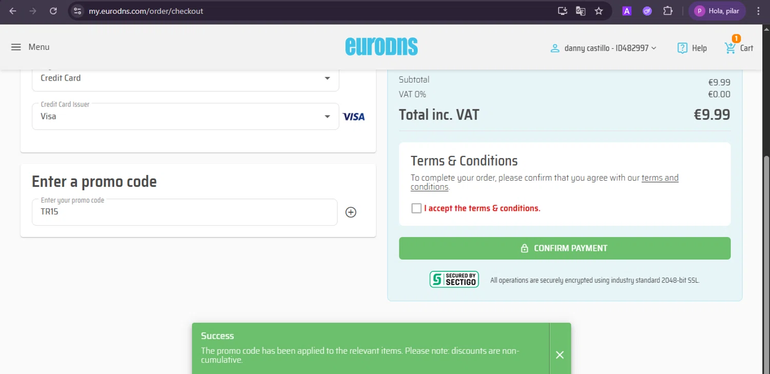 EuroDNS promo code screenshot showing code TR15 applied at EuroDNS checkout page. Uploaded by SimplyCodes community member firoas on Nov 6, 2025