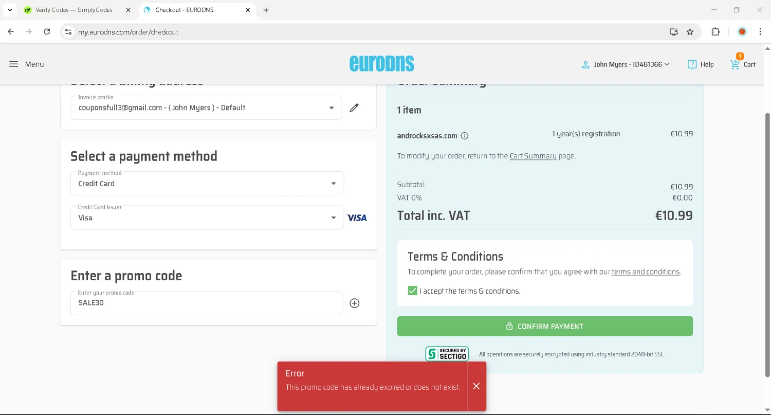 EuroDNS promo code screenshot showing code SALE30 applied at EuroDNS checkout page. Uploaded by SimplyCodes community member JosephStevens774 on Oct 6, 2025