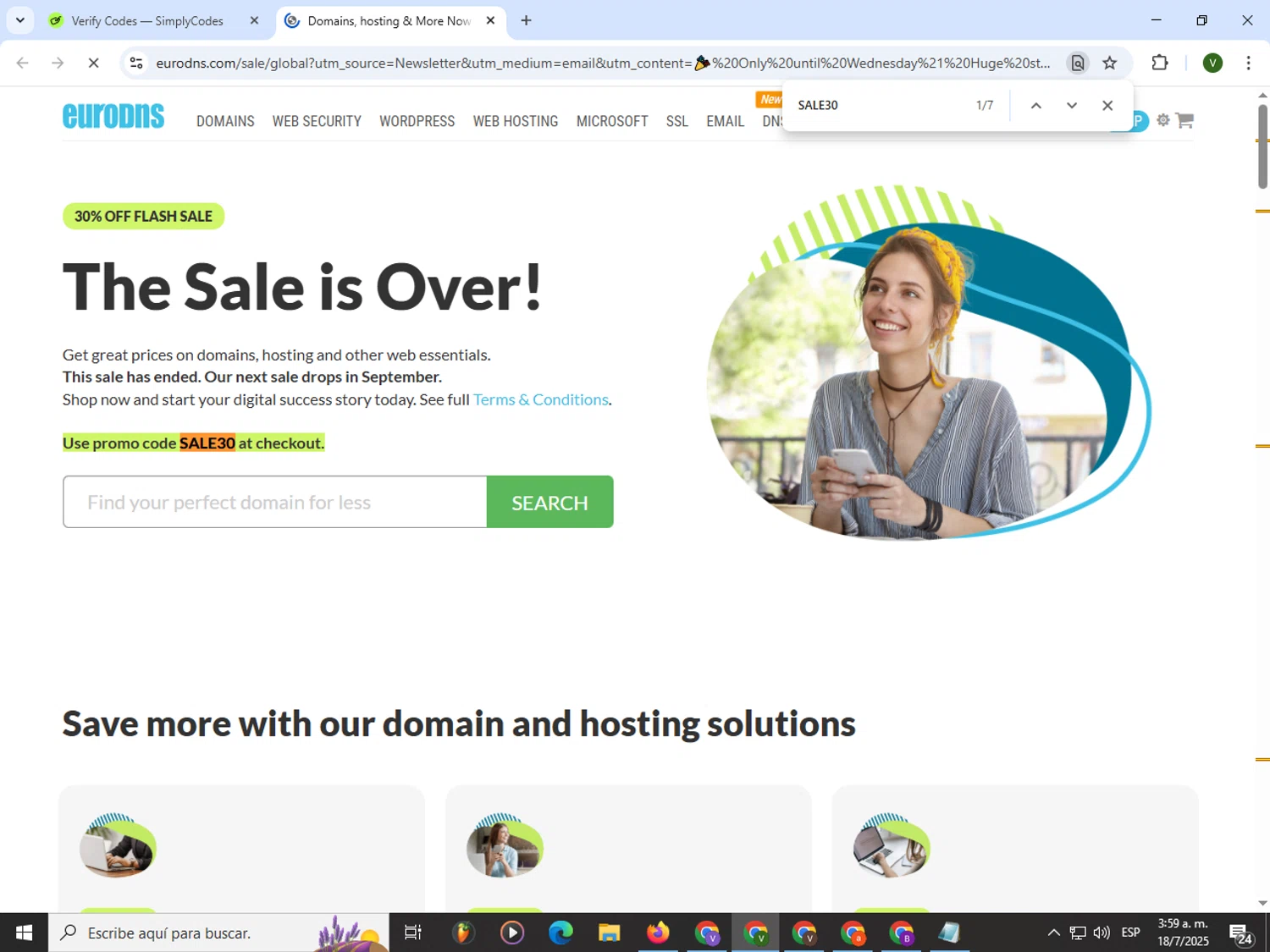 EuroDNS promo code screenshot showing code SALE30 applied at EuroDNS checkout page. Uploaded by SimplyCodes community member PrimeWizard4168 on Jul 18, 2025