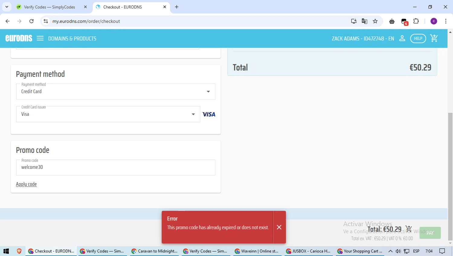 EuroDNS promo code screenshot showing code welcome30 applied at EuroDNS checkout page. Uploaded by SimplyCodes community member SavingsWarden1053 on Feb 27, 2025