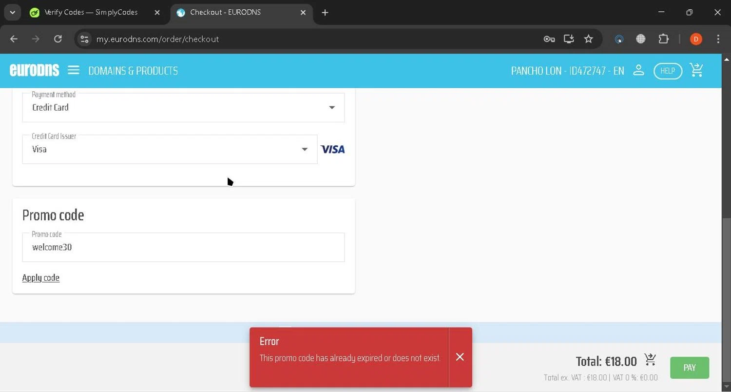 EuroDNS promo code screenshot showing code welcome30 applied at EuroDNS checkout page. Uploaded by SimplyCodes community member gundogan on Feb 27, 2025