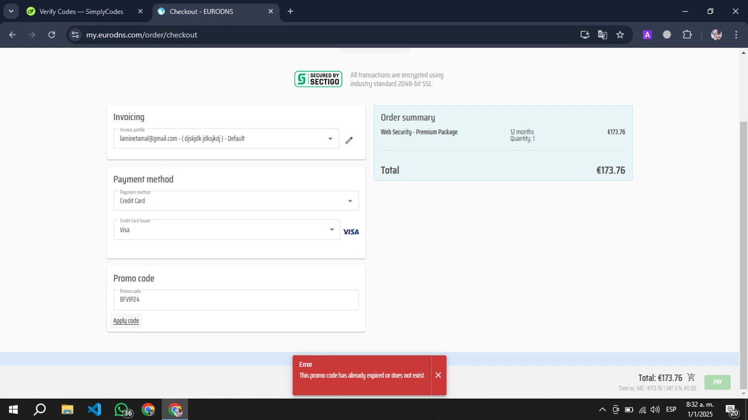 EuroDNS promo code screenshot showing code BFVIP24 applied at EuroDNS checkout page. Uploaded by SimplyCodes community member Pansito on Jan 1, 2025