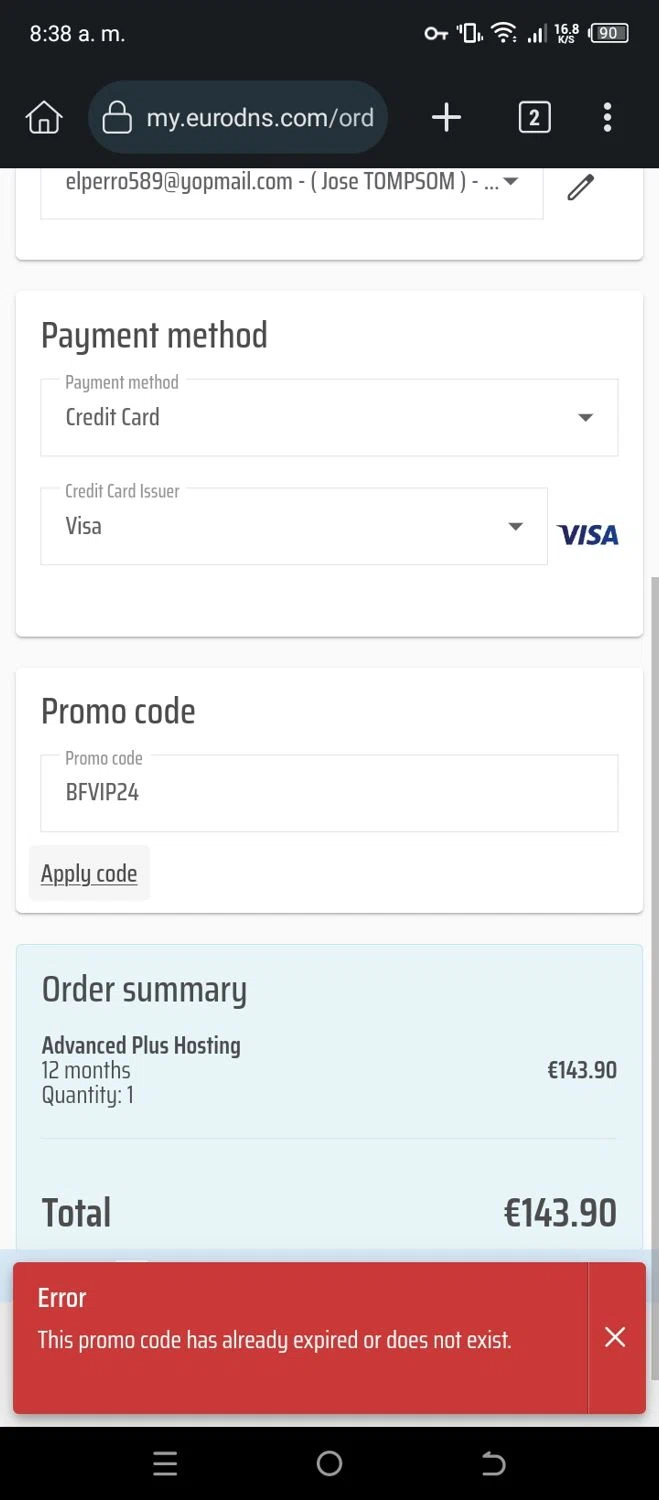 EuroDNS promo code screenshot showing code BFVIP24 applied at EuroDNS checkout page. Uploaded by SimplyCodes community member CleverSleuth6613 on Jan 1, 2025