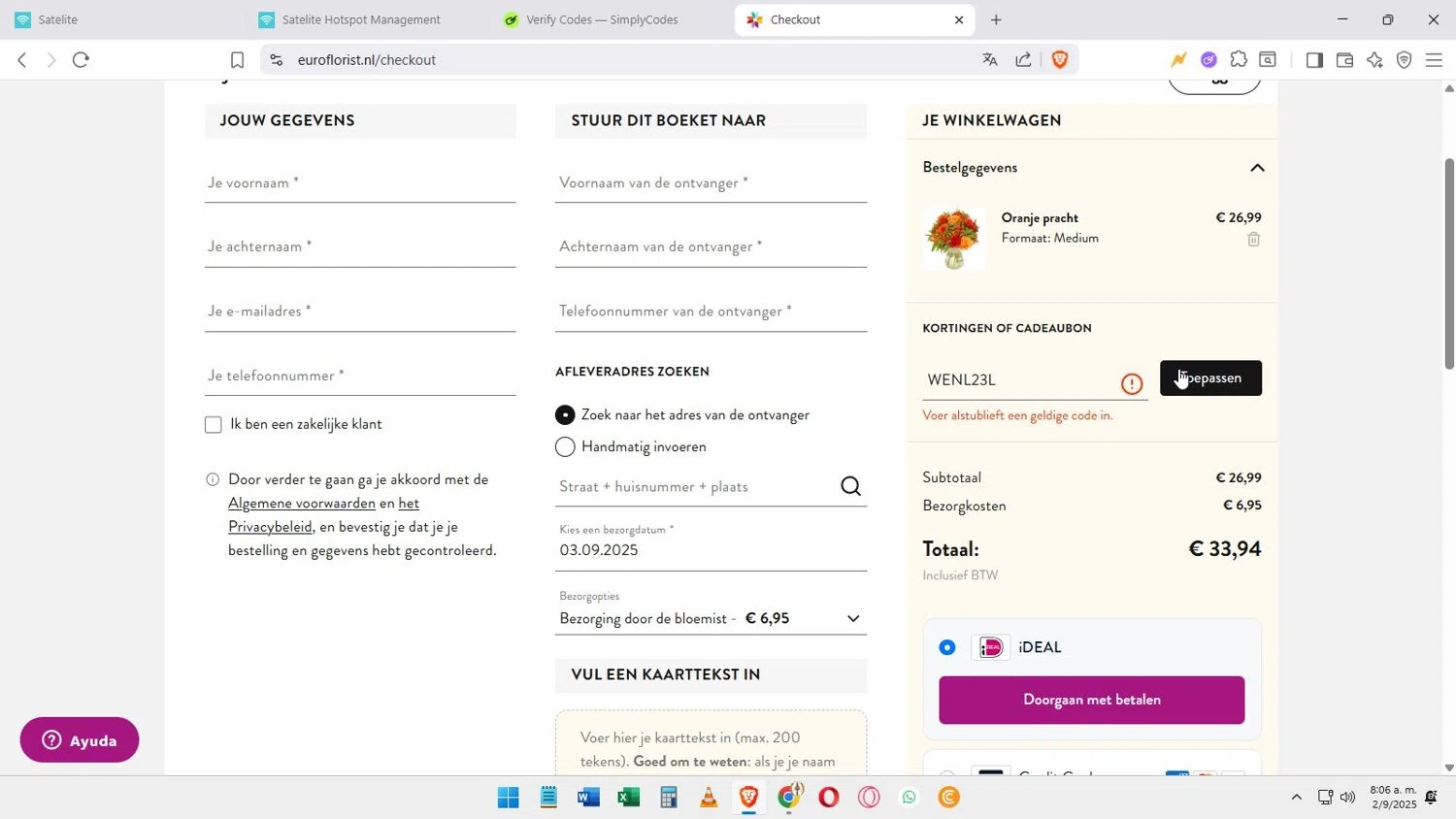 Euroflorist discount code screenshot showing code WENL23L applied at Euroflorist checkout page. Uploaded by SimplyCodes community member Darkosukaru on Sep 2, 2025