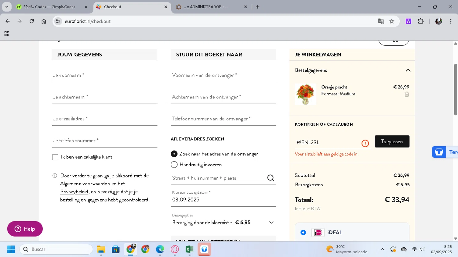 Euroflorist discount code screenshot showing code WENL23L applied at Euroflorist checkout page. Uploaded by SimplyCodes community member SwiftPilot741 on Sep 2, 2025