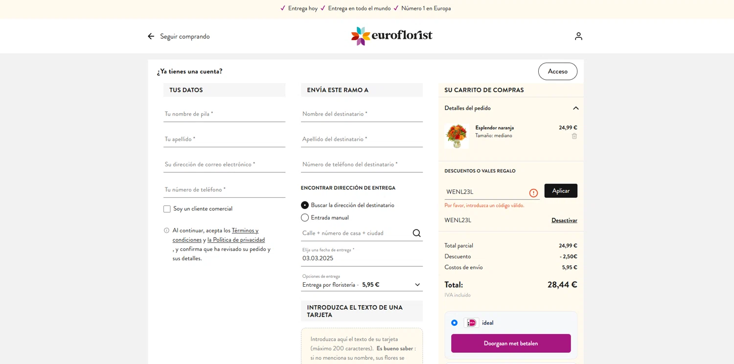 Euroflorist checkout page showing Euroflorist discount code box | Screenshot taken by SimplyCodes community member on Mar 1, 2025