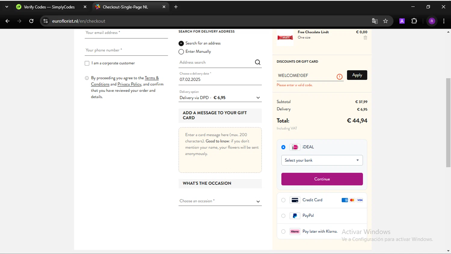 Euroflorist discount code screenshot showing code WELCOME10EF applied at Euroflorist checkout page. Uploaded by SimplyCodes community member JoanVerdu on Feb 6, 2025