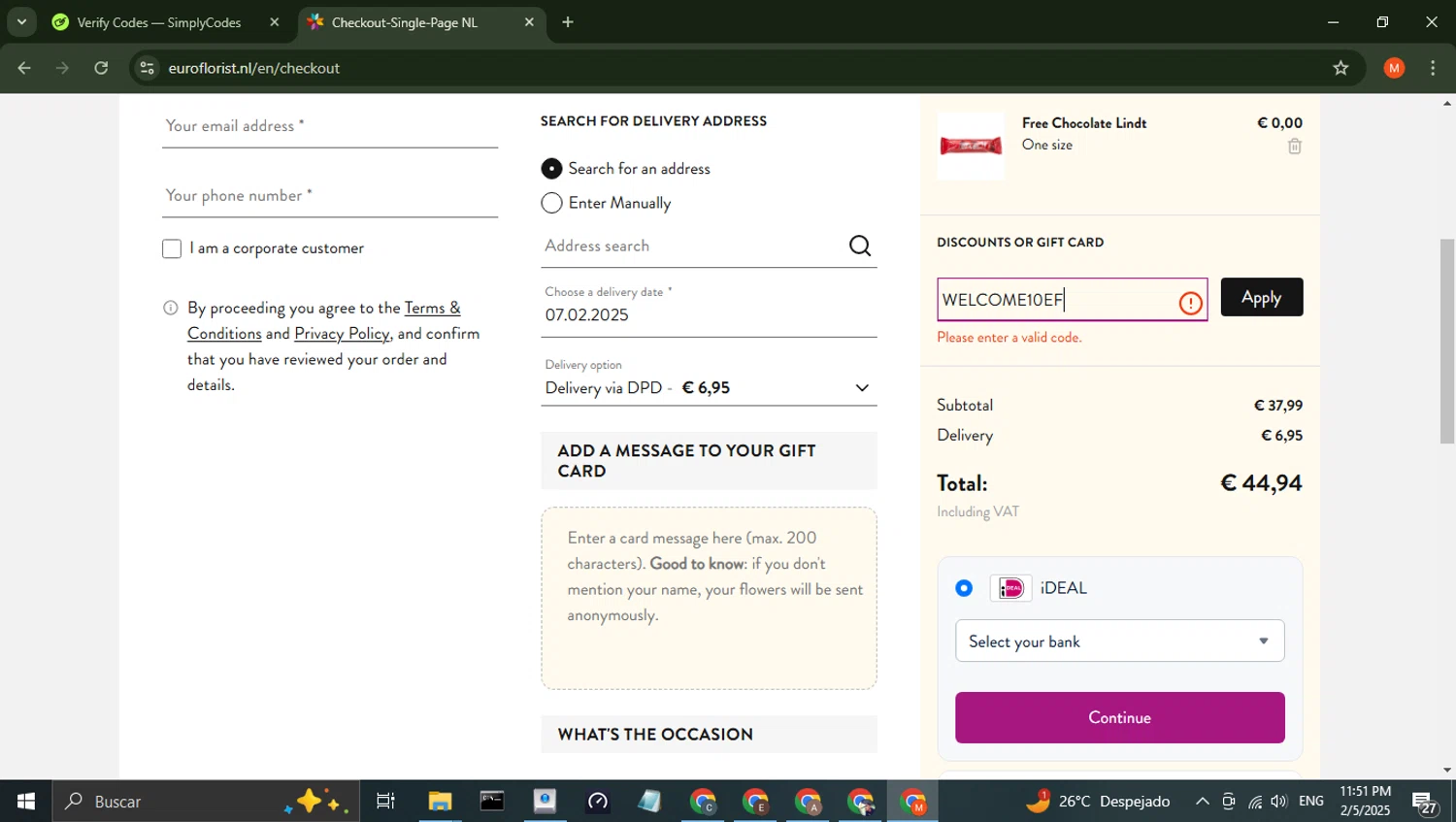 Euroflorist discount code screenshot showing code WELCOME10EF applied at Euroflorist checkout page. Uploaded by SimplyCodes community member BrilliantTiger6187 on Feb 6, 2025