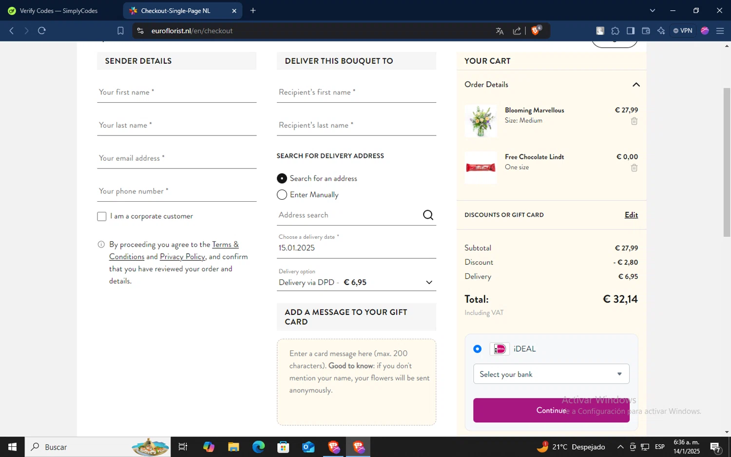 Euroflorist checkout page showing Euroflorist discount code box | Screenshot taken by SimplyCodes community member on Jan 14, 2025