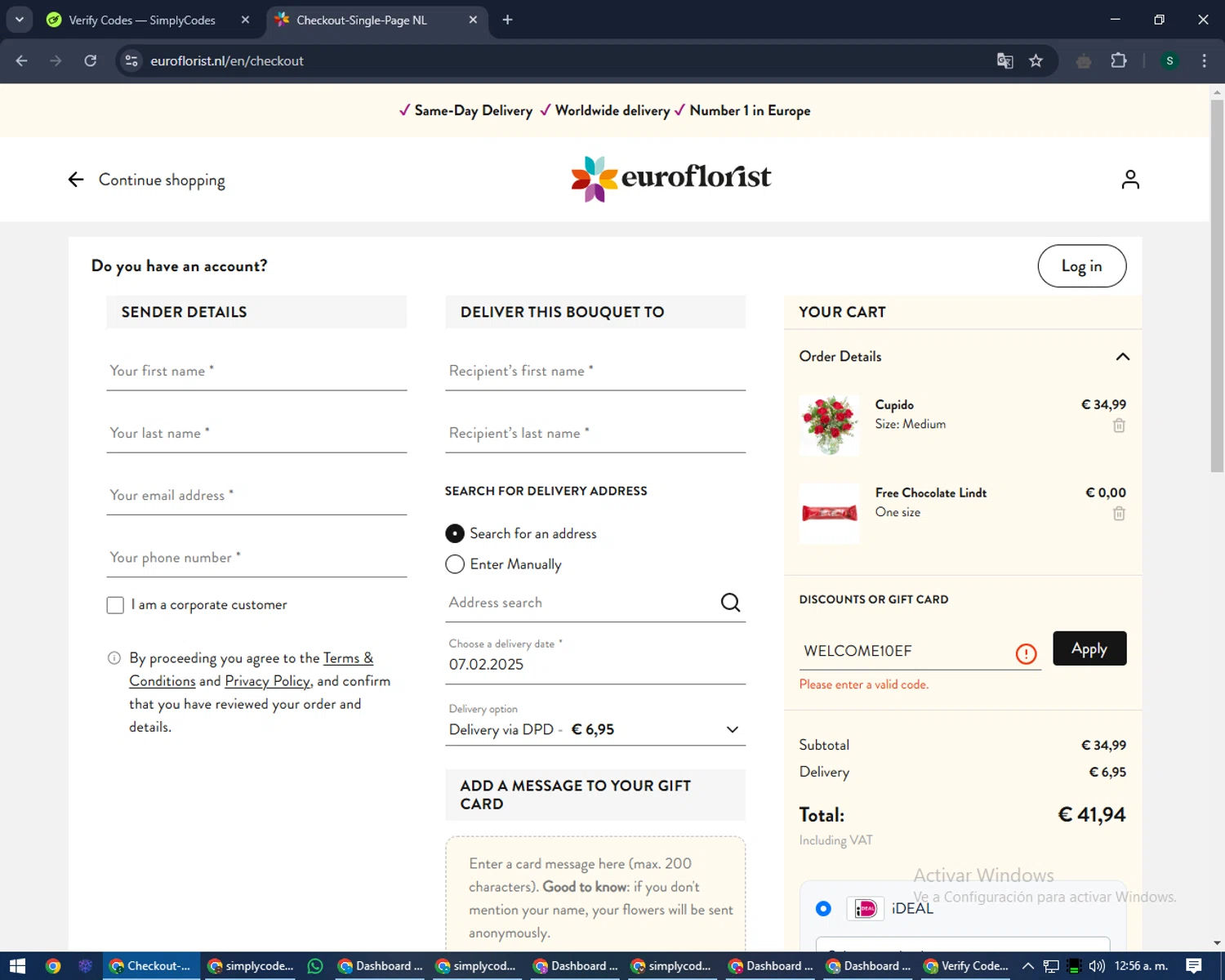 Euroflorist discount code screenshot showing code WELCOME10EF applied at Euroflorist checkout page. Uploaded by SimplyCodes community member lilMosey on Feb 6, 2025