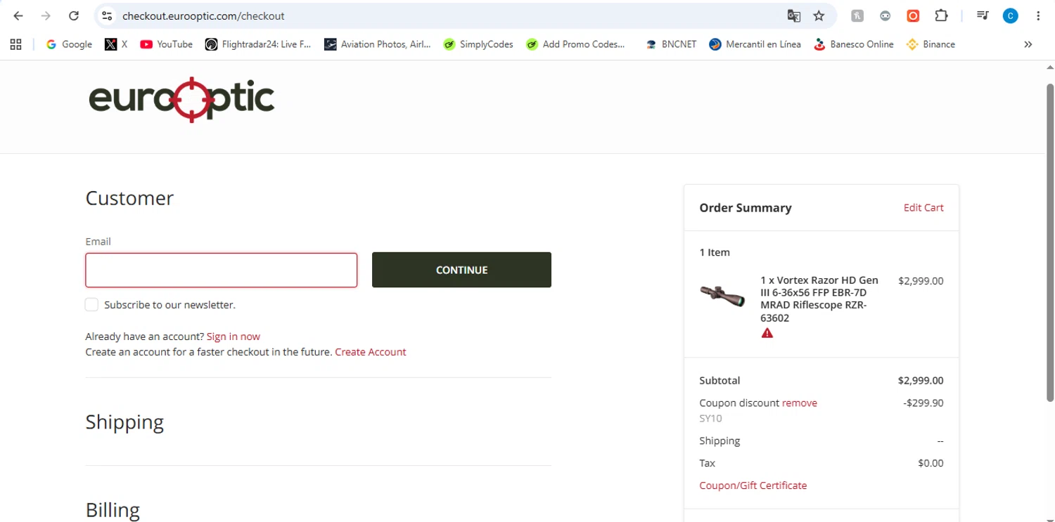 EuroOptic.com promo code screenshot showing code SY10 applied at EuroOptic.com checkout page. Uploaded by SimplyCodes community member victor on Jun 21, 2026