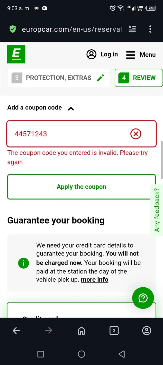 Europcar coupon code screenshot showing code 44571243 applied at Europcar checkout page. Uploaded by SimplyCodes community member CARLOSSLIM on Sep 11, 2025
