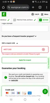Europcar coupon verification screenshot
