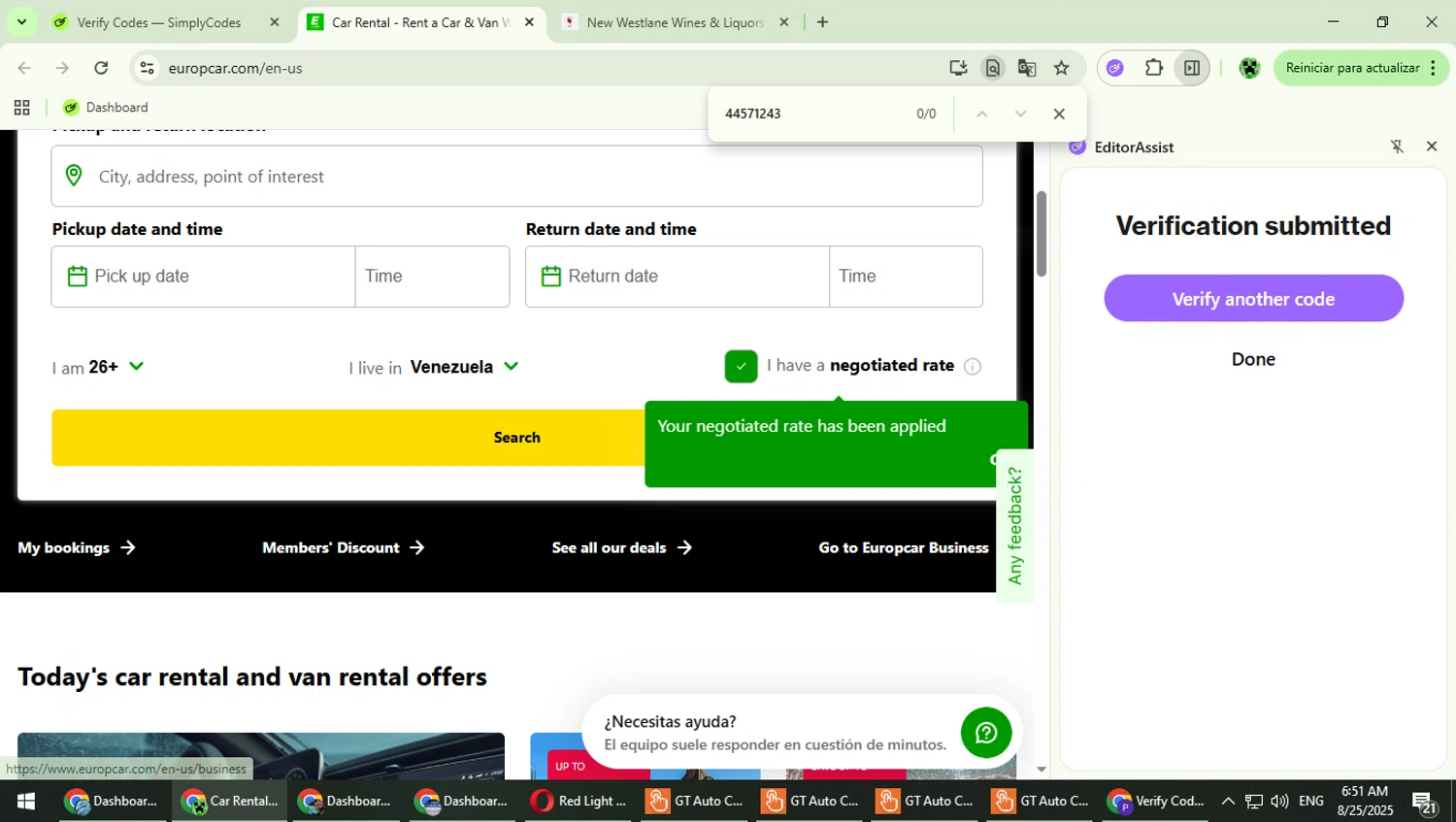 Europcar coupon code screenshot showing code 44571243 applied at Europcar checkout page. Uploaded by SimplyCodes community member MaitoGai on Aug 25, 2025