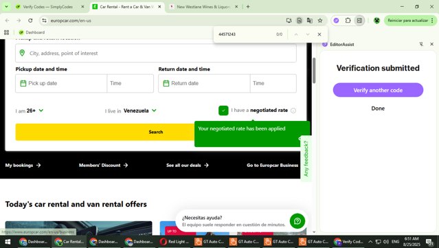 Europcar checkout page showing Europcar coupon code box | Screenshot taken by SimplyCodes community member on Aug 25, 2025