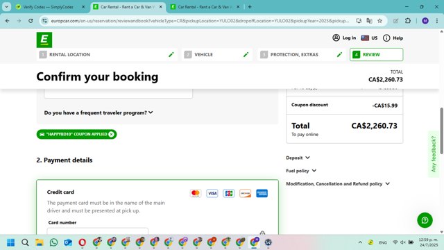 Europcar checkout page showing Europcar coupon code box | Screenshot taken by SimplyCodes community member on Jul 24, 2025