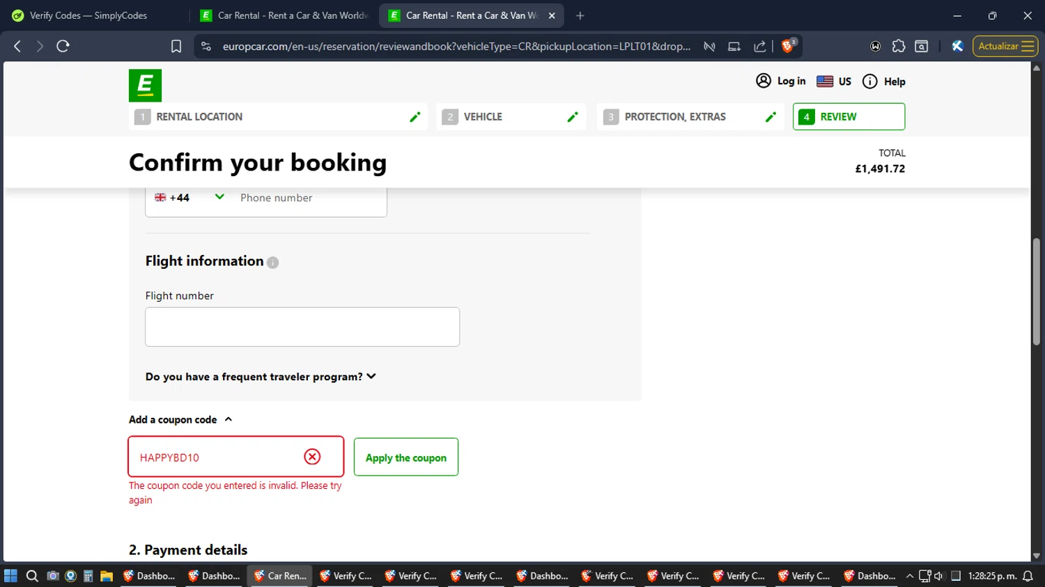 Europcar coupon code screenshot showing code HAPPYBD10 applied at Europcar checkout page. Uploaded by SimplyCodes community member Jgomez on Jan 20, 2026