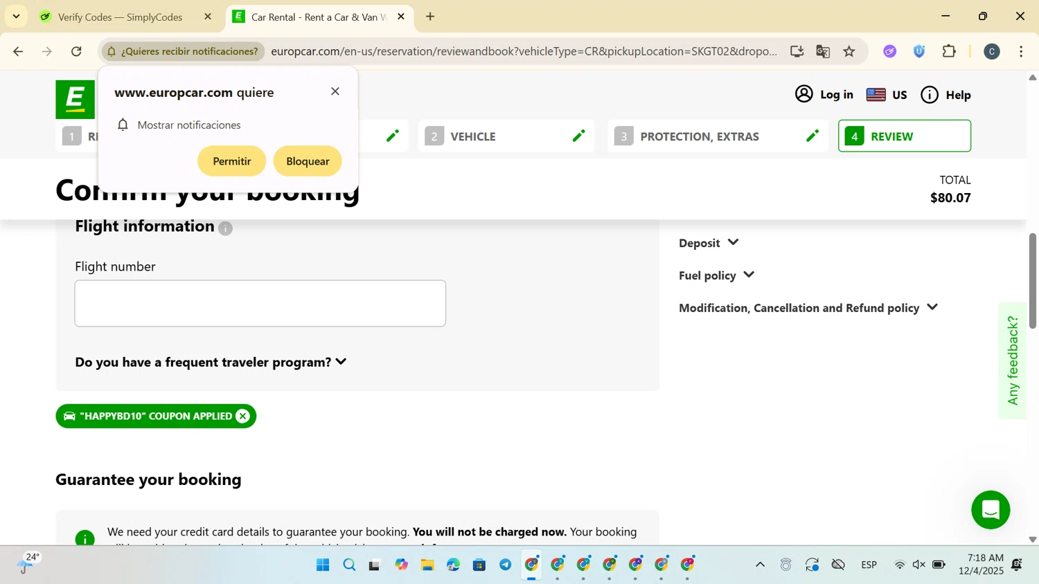 Europcar coupon code screenshot showing code HAPPYBD10 applied at Europcar checkout page. Uploaded by SimplyCodes community member SaleVirtuoso3791 on Dec 4, 2025