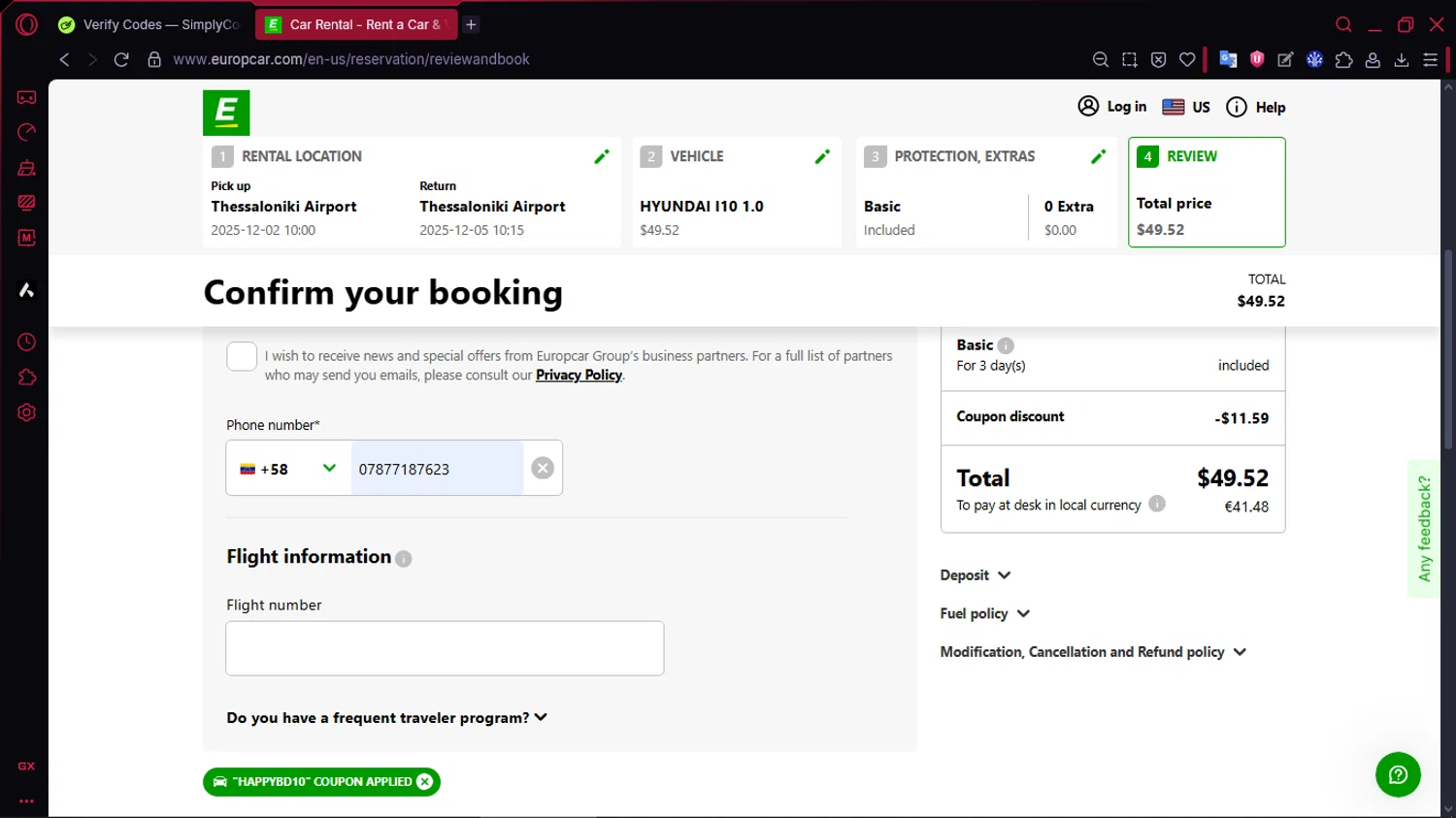 Europcar coupon code screenshot showing code HAPPYBD10 applied at Europcar checkout page. Uploaded by SimplyCodes community member TOLUENO on Nov 22, 2025