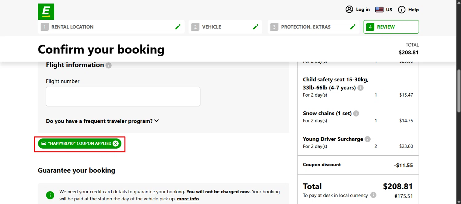 Europcar coupon code screenshot showing code HAPPYBD10 applied at Europcar checkout page. Uploaded by SimplyCodes community member noworries on Nov 28, 2025