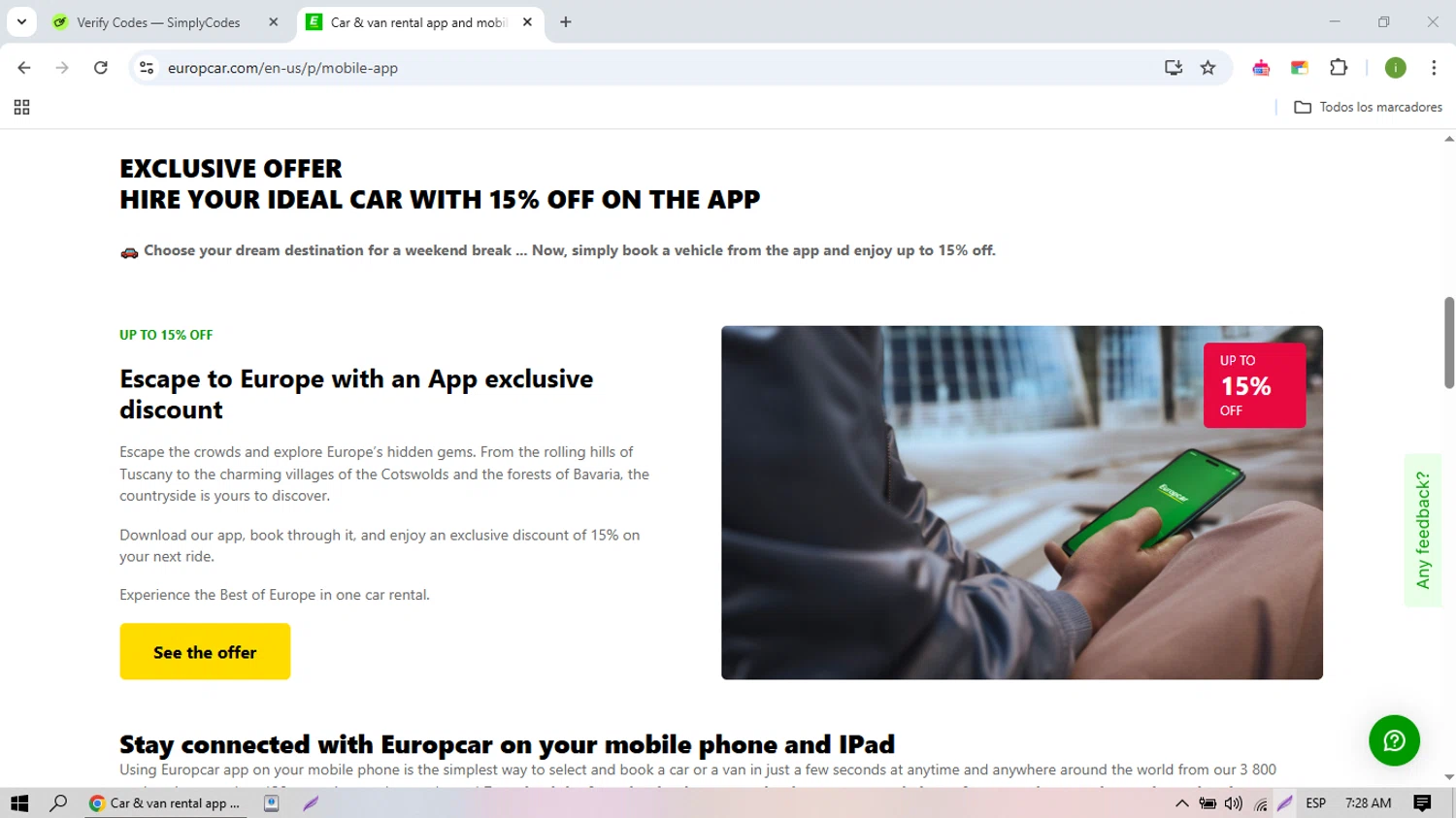 Europcar coupon code screenshot showing code 2025GBPRIVBIRTH applied at Europcar checkout page. Uploaded by SimplyCodes community member nicolasquevedo on May 23, 2025