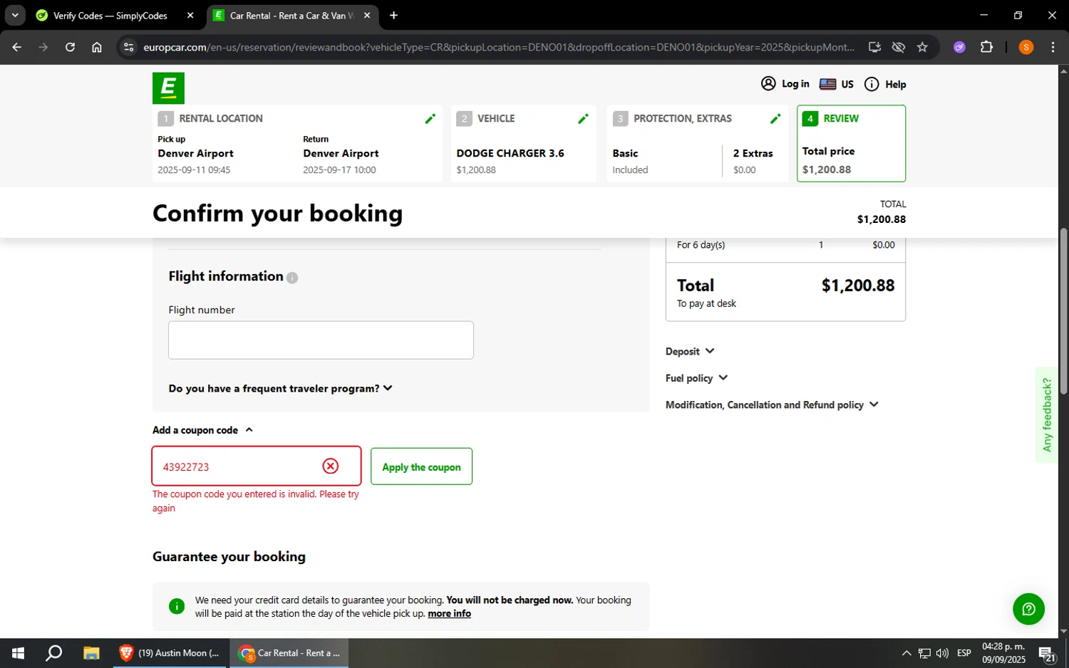 Europcar coupon code screenshot showing code 43922723 applied at Europcar checkout page. Uploaded by SimplyCodes community member StevenZarraga on Sep 9, 2025