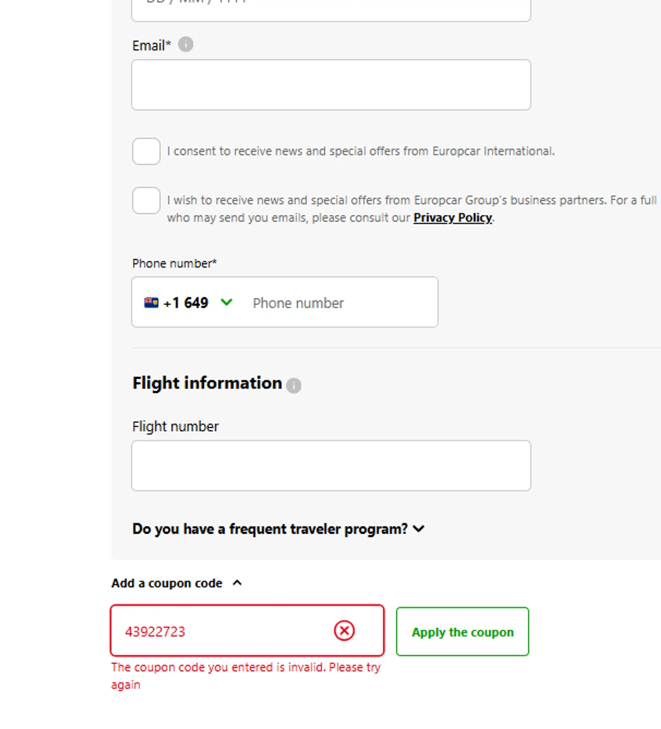 Europcar coupon code screenshot showing code 43922723 applied at Europcar checkout page. Uploaded by SimplyCodes community member usermariee on Sep 9, 2025