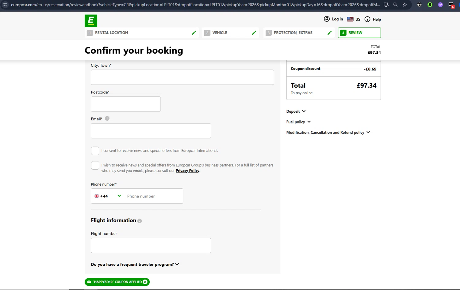 Europcar coupon code screenshot showing code HAPPYBD10 applied at Europcar checkout page. Uploaded by SimplyCodes community member Jmhernand1 on Jan 12, 2026
