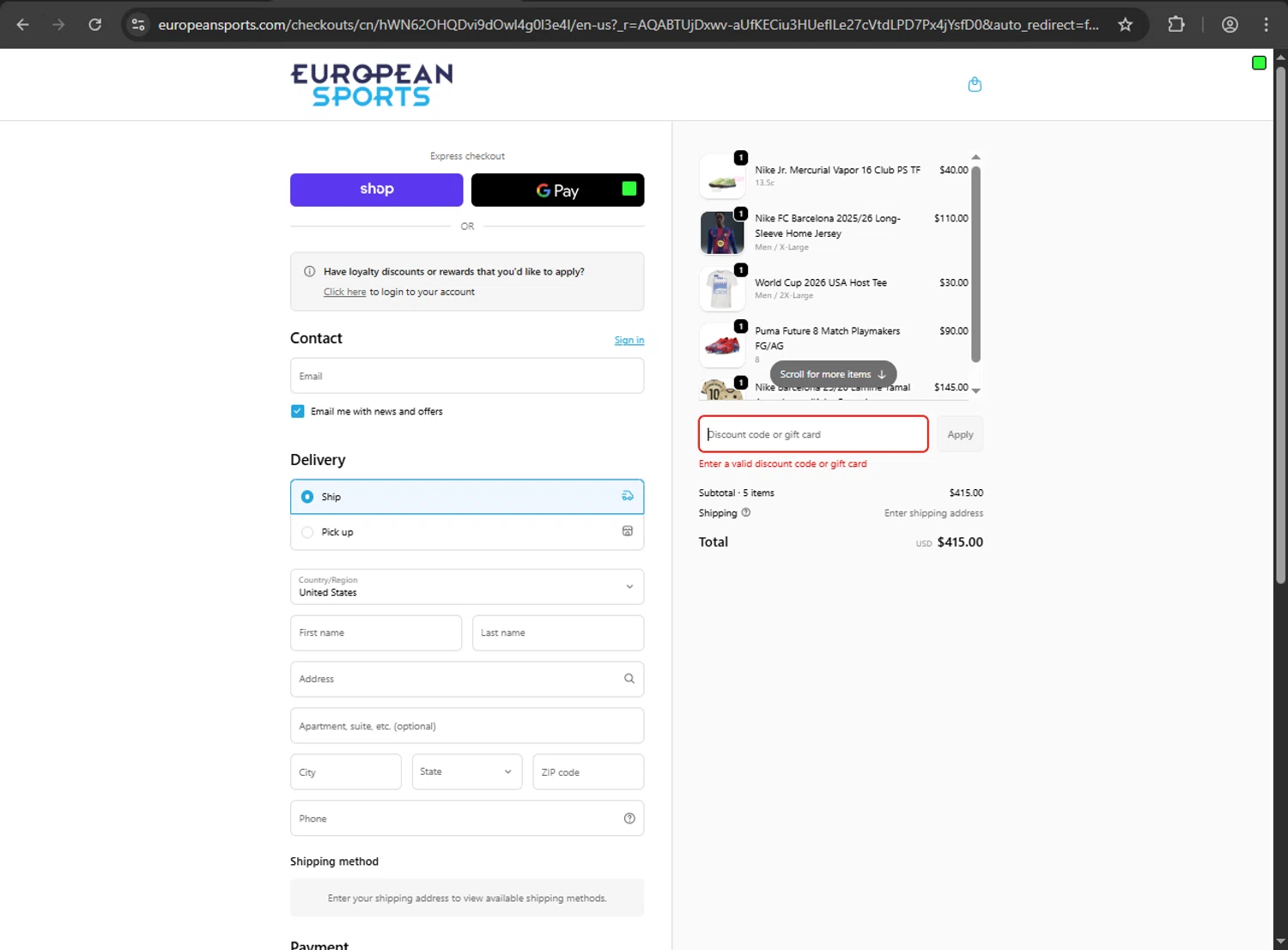 European Sports promo code screenshot showing code BF2025 applied at European Sports checkout page. Uploaded by SimplyCodes community member zzzzzzza on Dec 4, 2025
