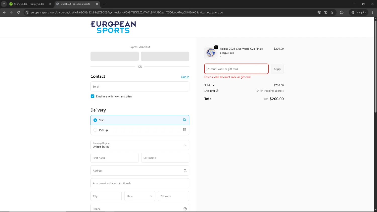 European Sports promo code screenshot showing code CYBER25 applied at European Sports checkout page. Uploaded by SimplyCodes community member Kaizen on Dec 4, 2025