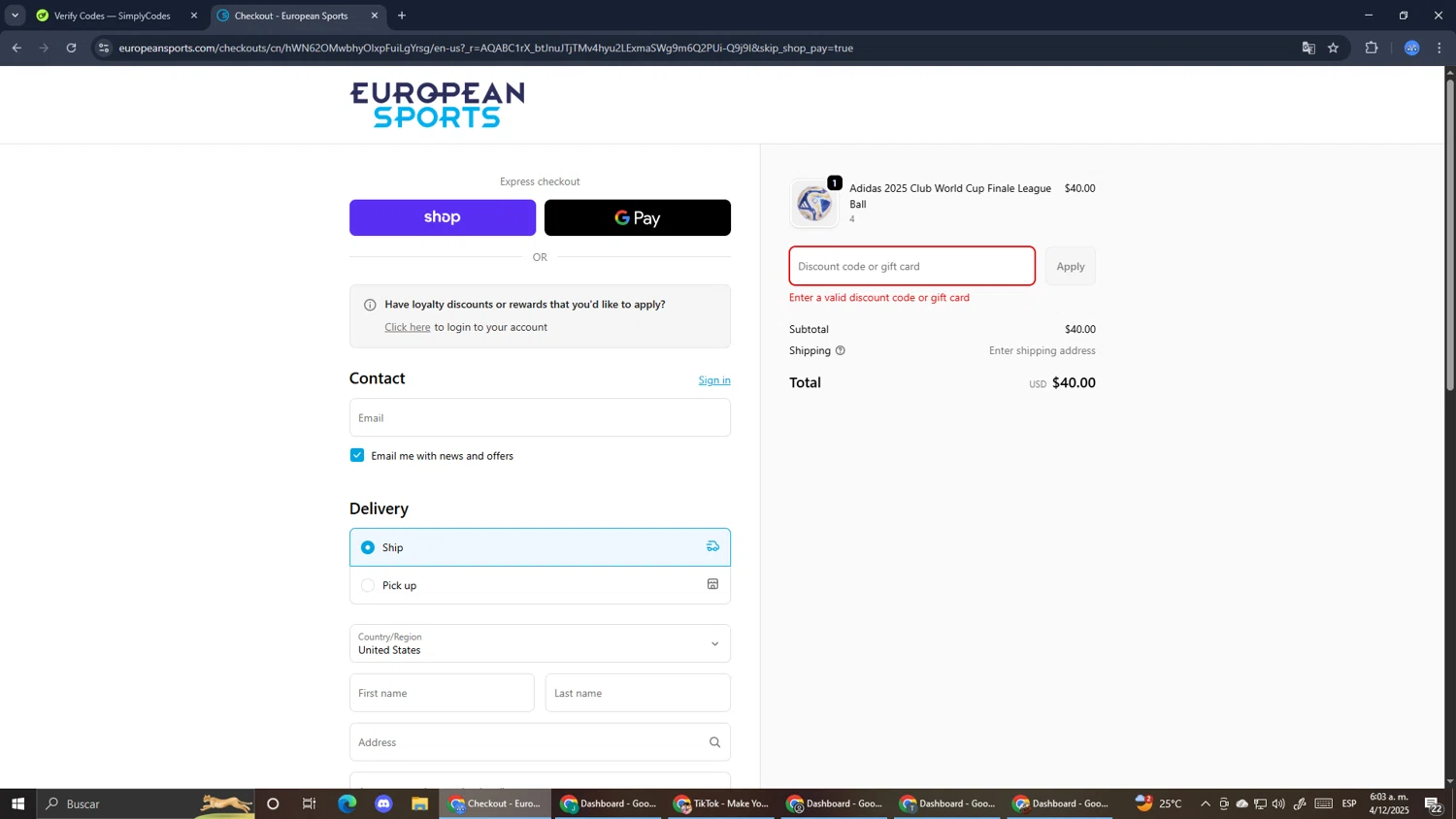 European Sports promo code screenshot showing code CYBER25 applied at European Sports checkout page. Uploaded by SimplyCodes community member RoyalExpert3857 on Dec 4, 2025