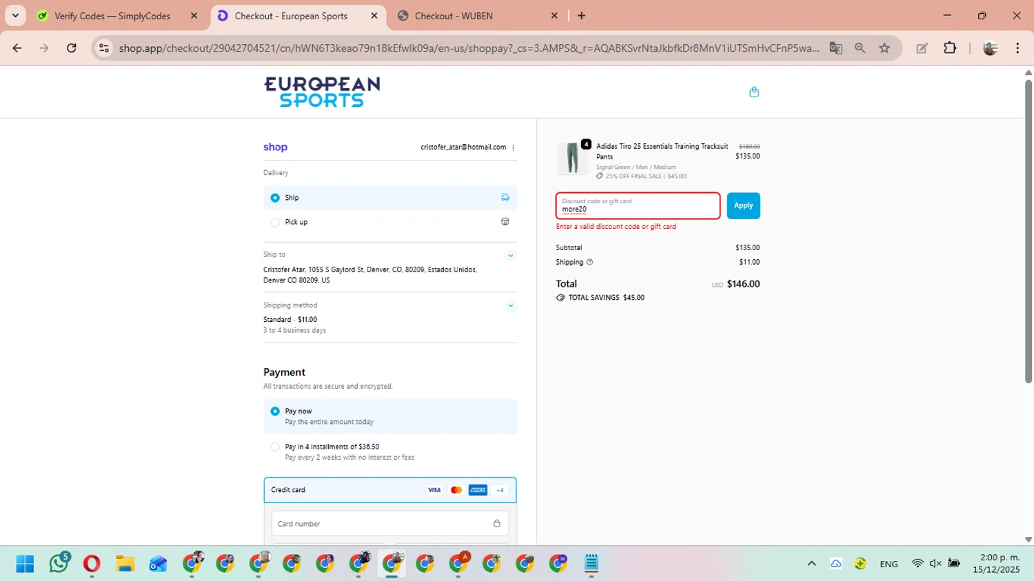 European Sports promo code screenshot showing code more20 applied at European Sports checkout page. Uploaded by SimplyCodes community member MariAPB on Dec 15, 2025