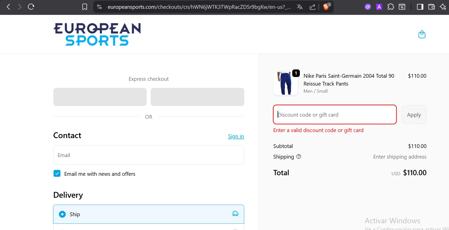 European Sports promo code screenshot showing code SAVE40 applied at European Sports checkout page. Uploaded by SimplyCodes community member DiaCritics on Dec 22, 2025